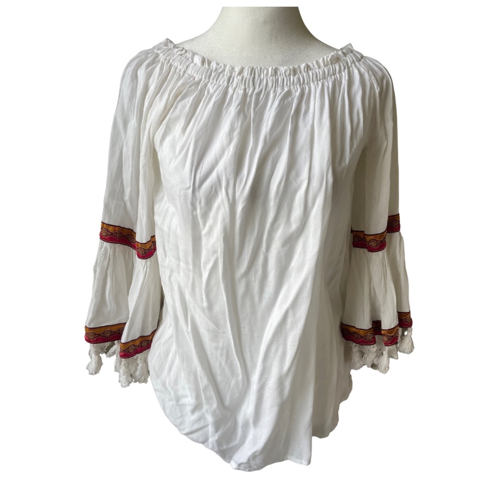 Women’s Size Large White Bohemian Peasant Top With Bell Sleeves By Mimi